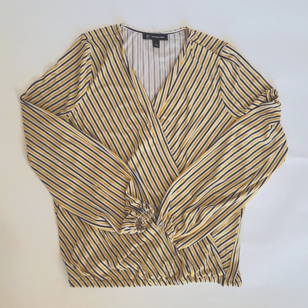 INC International Long Sleeves V-Neck Stripe Women's Blouse - Small - EUC
